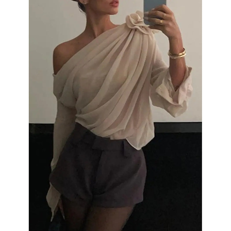 Off Shoulder Tops Elegant Long Sleeve Asymmetrical Neck Ruched Chiffon Blouse Shirts Going Out Top Y2k Shirts