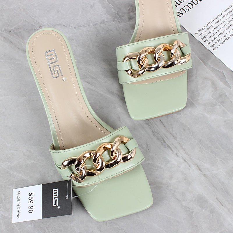 Bold Chain-Link Square Toe Heels – Luxe Meets Everyday New Simple Stiletto Slippers Women