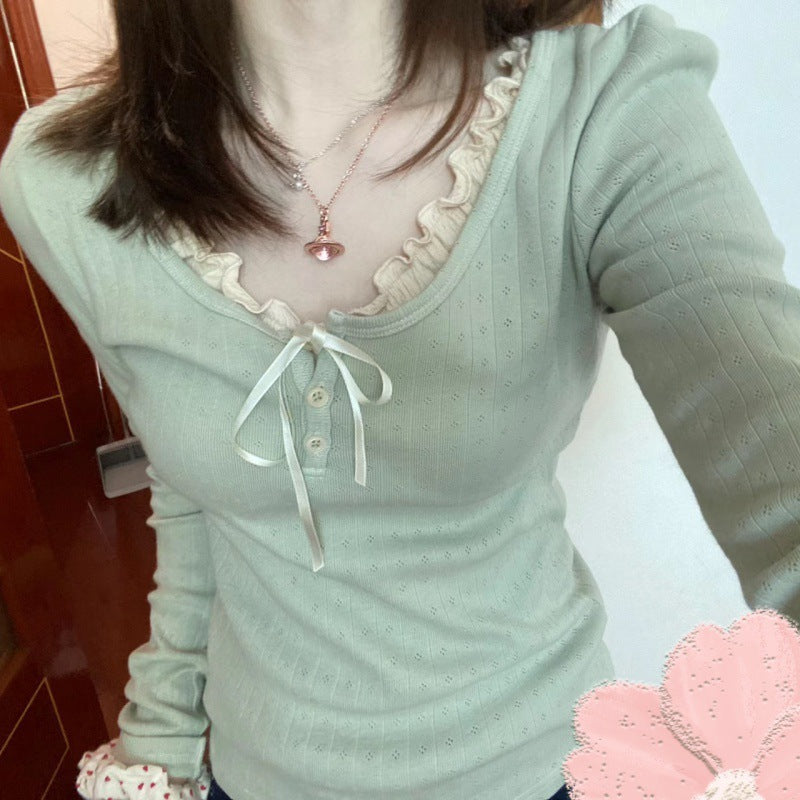 Three-button Eyelet Long-sleeved T-shirt Two-piece Set