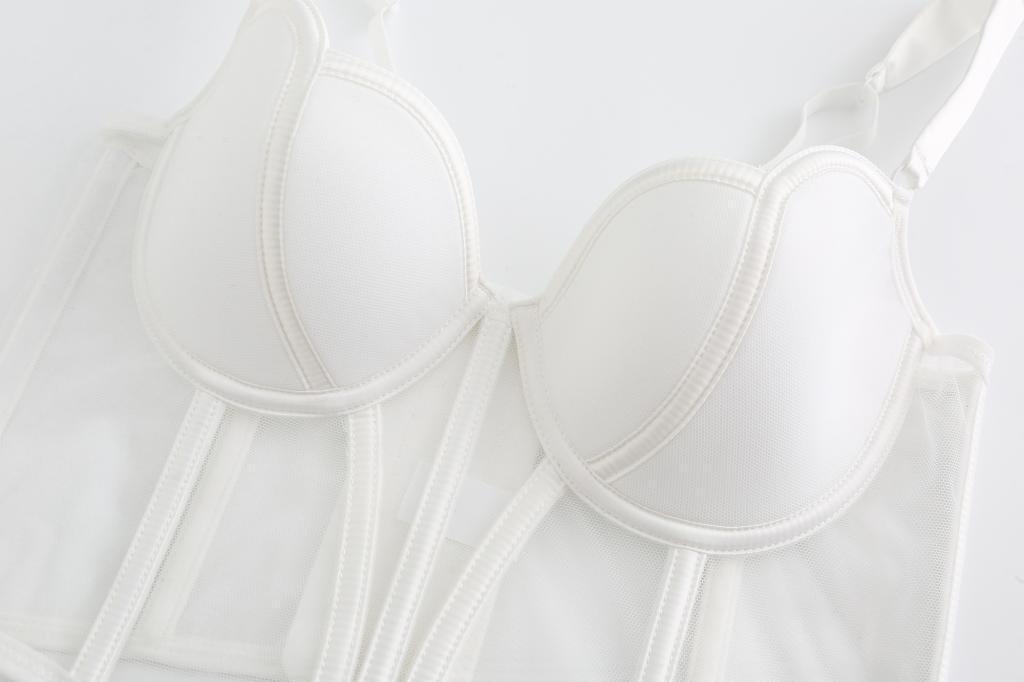 Mesh Bustier Bra & Panty Set - Sheer Underwire Lingerie Fishbone Bra Mesh Stitching Vest For Women