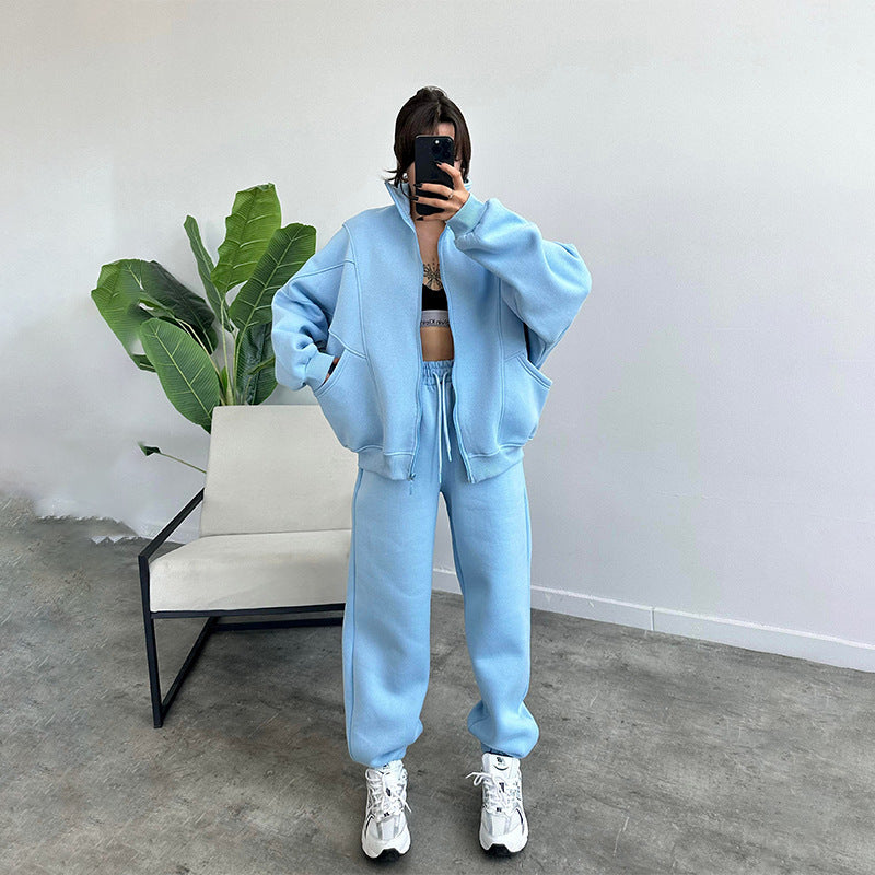 Cozy Core Fleece Set – Zip-Up Hoodie + Relaxed Joggers Sports Suits With Pockets Stand-up Collar Zipper Cardigan And Drawstring Trousers Fashion Jogger Set Outfits Tracksuits Women's Clothing