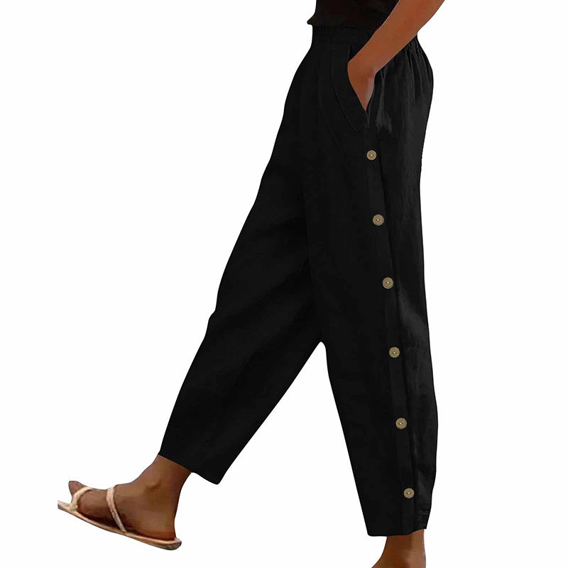 Casual Pants Elastic Waist Side Button Loose Fit Trousers With Pockets Women's