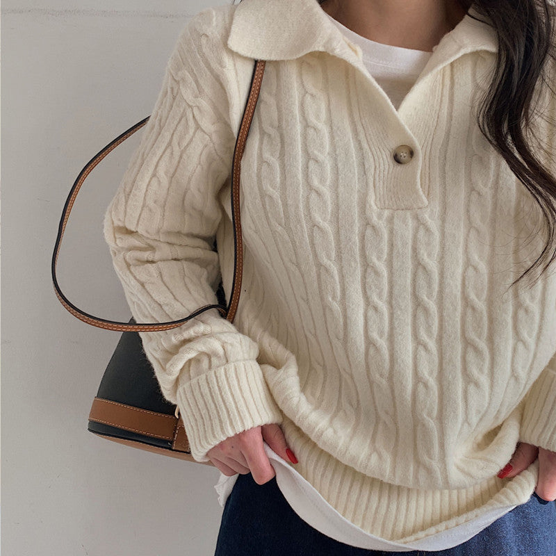 Autumn/Winter Cozy Collared Knit Top Women's Fashion Retro Knitted Sweater Top