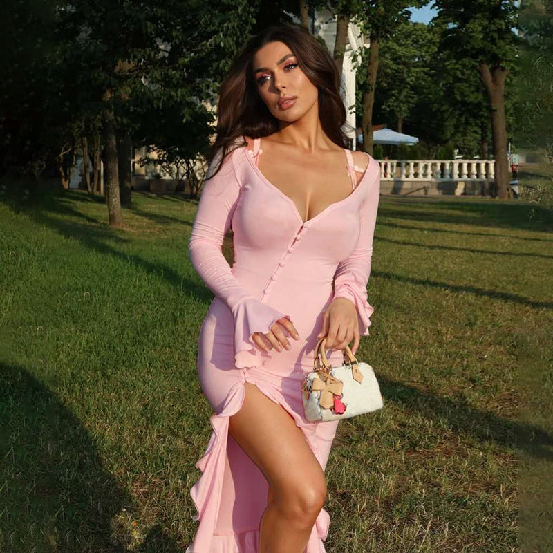 New Fashion V-neck Flared Sleeves Ruffled Split Dress Women