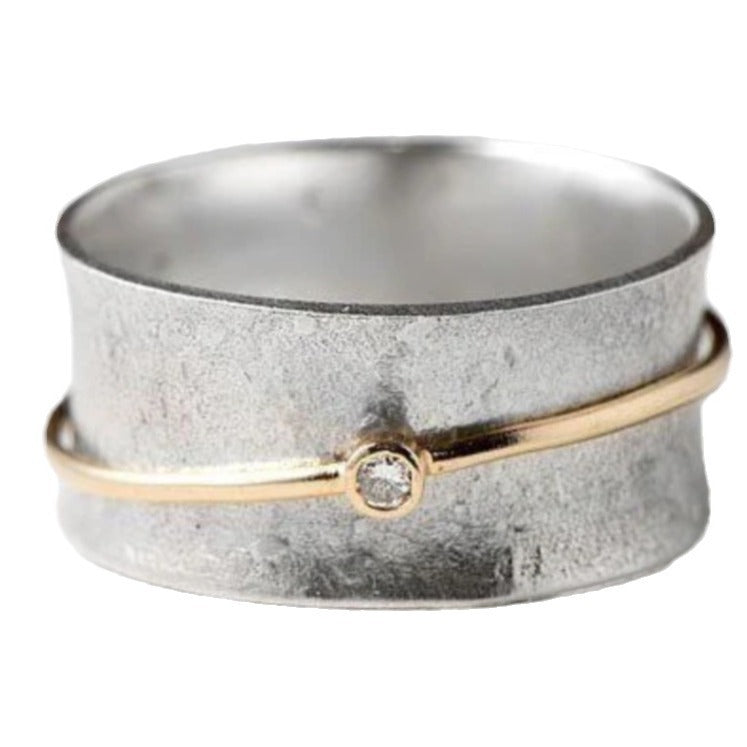 Sterling Silver & Gold Spinner Ring with Zircon Accent Women's Simple Fashion Personality Vintage Style Ring
