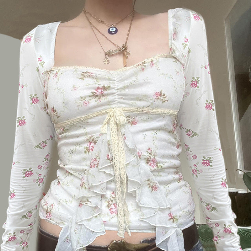 Lace Lace-up Slimming Girl Blouse Short