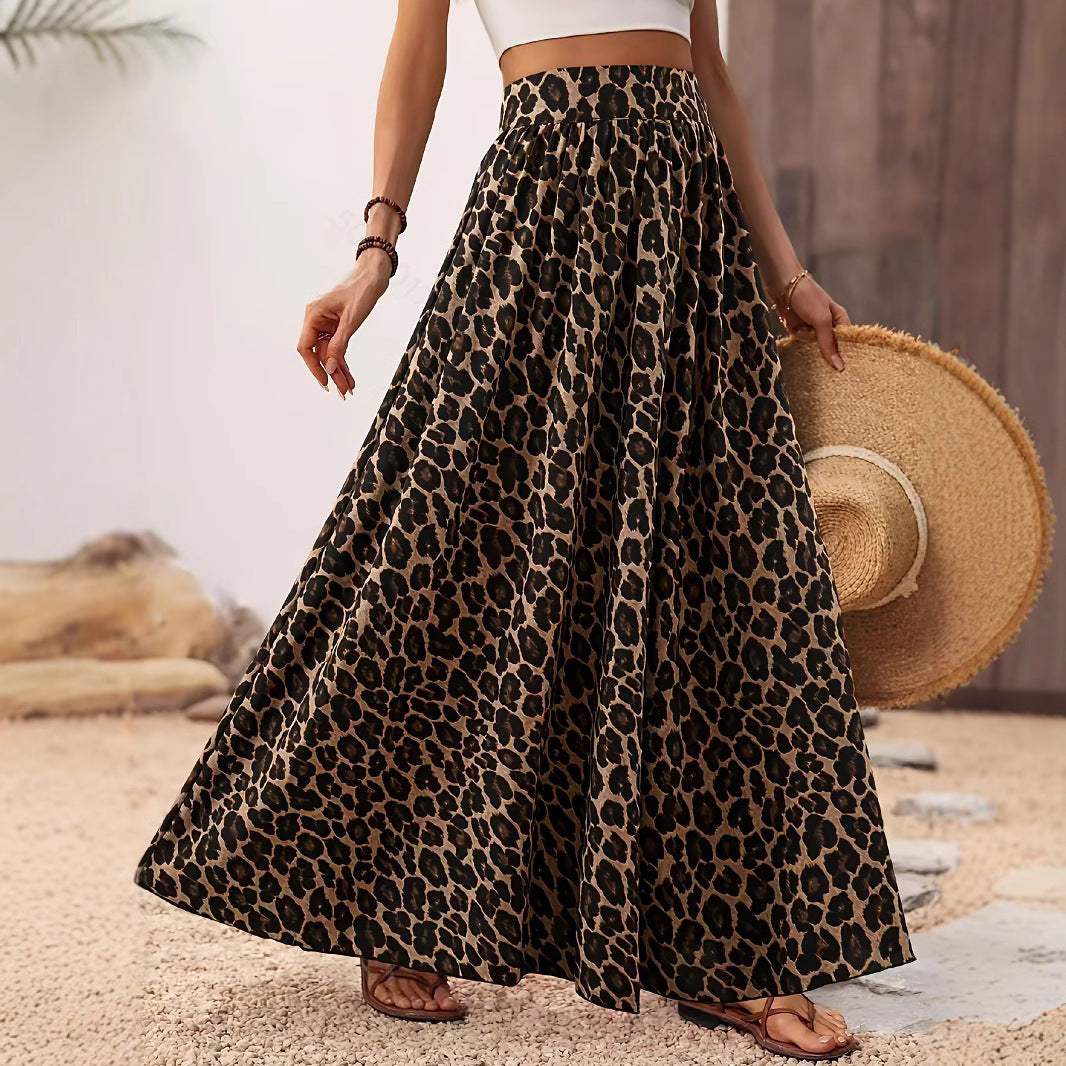 Bohemian Leopard Print High Waist Long Skirt High Waist Midi Skirt Fabric Leopard Print