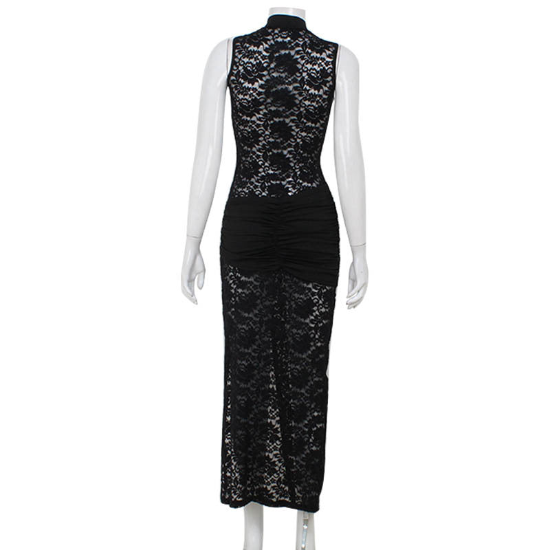 Glamorous Mock Neck Bodycon Lace Dress with Keyhole Sexy Hollow Out Lace Sleeveless Slim Fit High Slit Dress