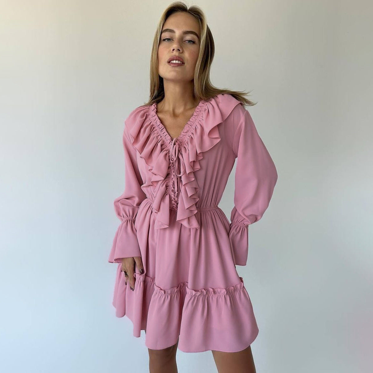 Chic Ruffle Mini Dress | V-Neck with Billowy Long Sleeves (White, Pink, Black, Blue) Fashion V Neck Pleated Ruffle Long Sleeve Dress Y2K V Neck Flared Sleeve Short Dress Women's Clothing
