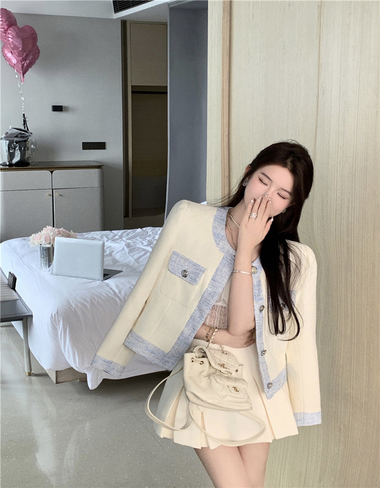 Chic Cream & Denim - Elegant Blazer Single Breasted Contrasting Korean Top