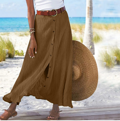Fashion Cotton Linen A-Line Hip Mid Waist Long Skirt