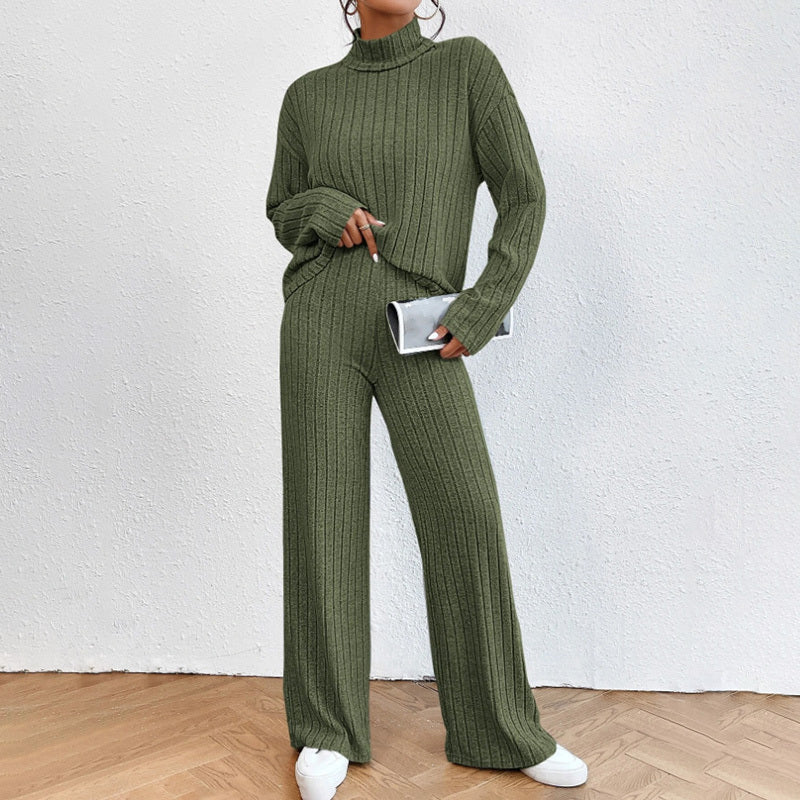 Solid Color 2-Piece Set High Neck Long Sleeve Top & Pants, Striped Loungewear