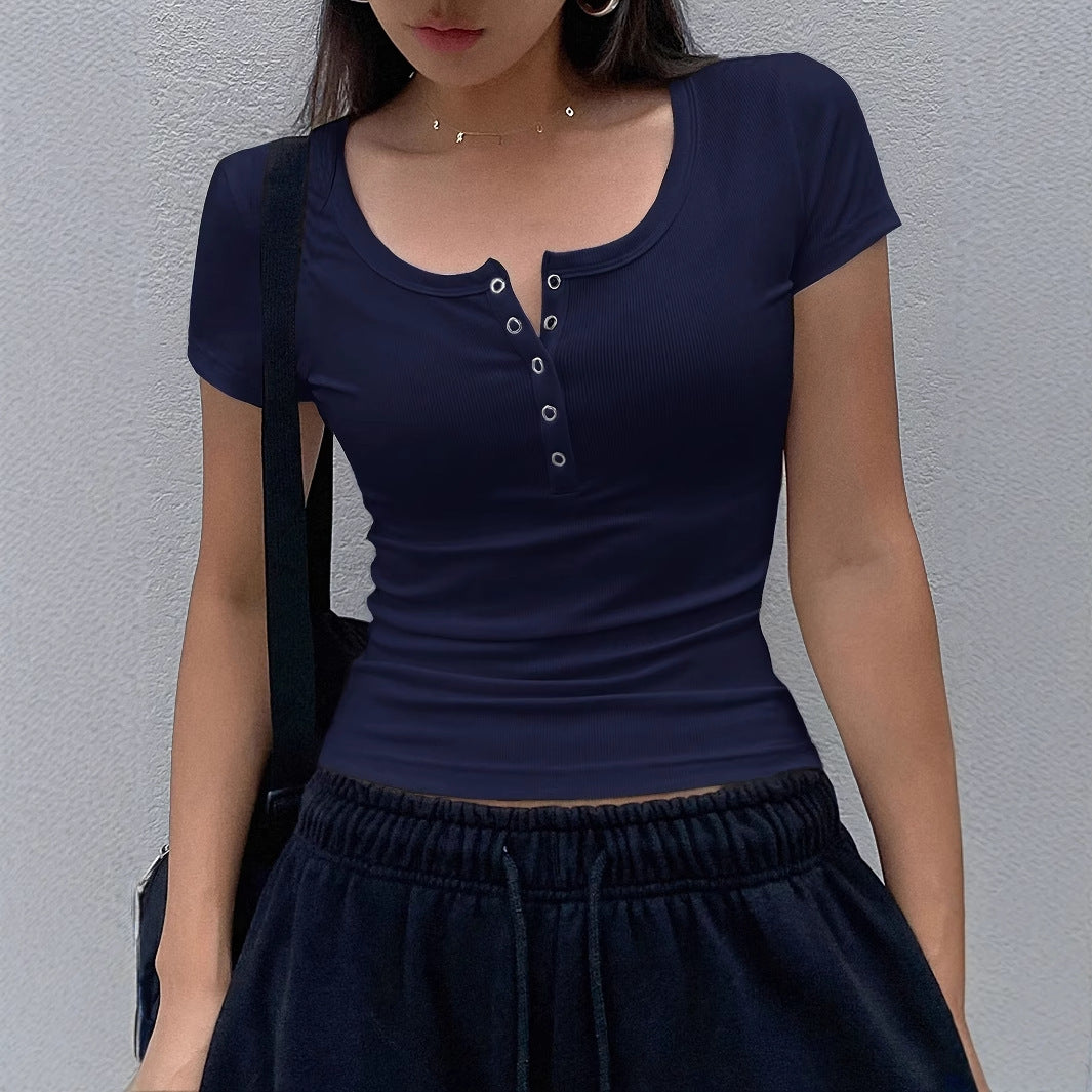 Solid Color Short-sleeved Top Rib Knit Half-cardigan Button T-shirt