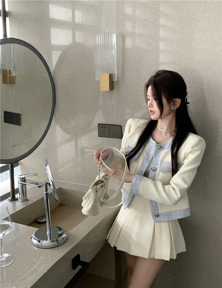 Chic Cream & Denim - Elegant Blazer Single Breasted Contrasting Korean Top