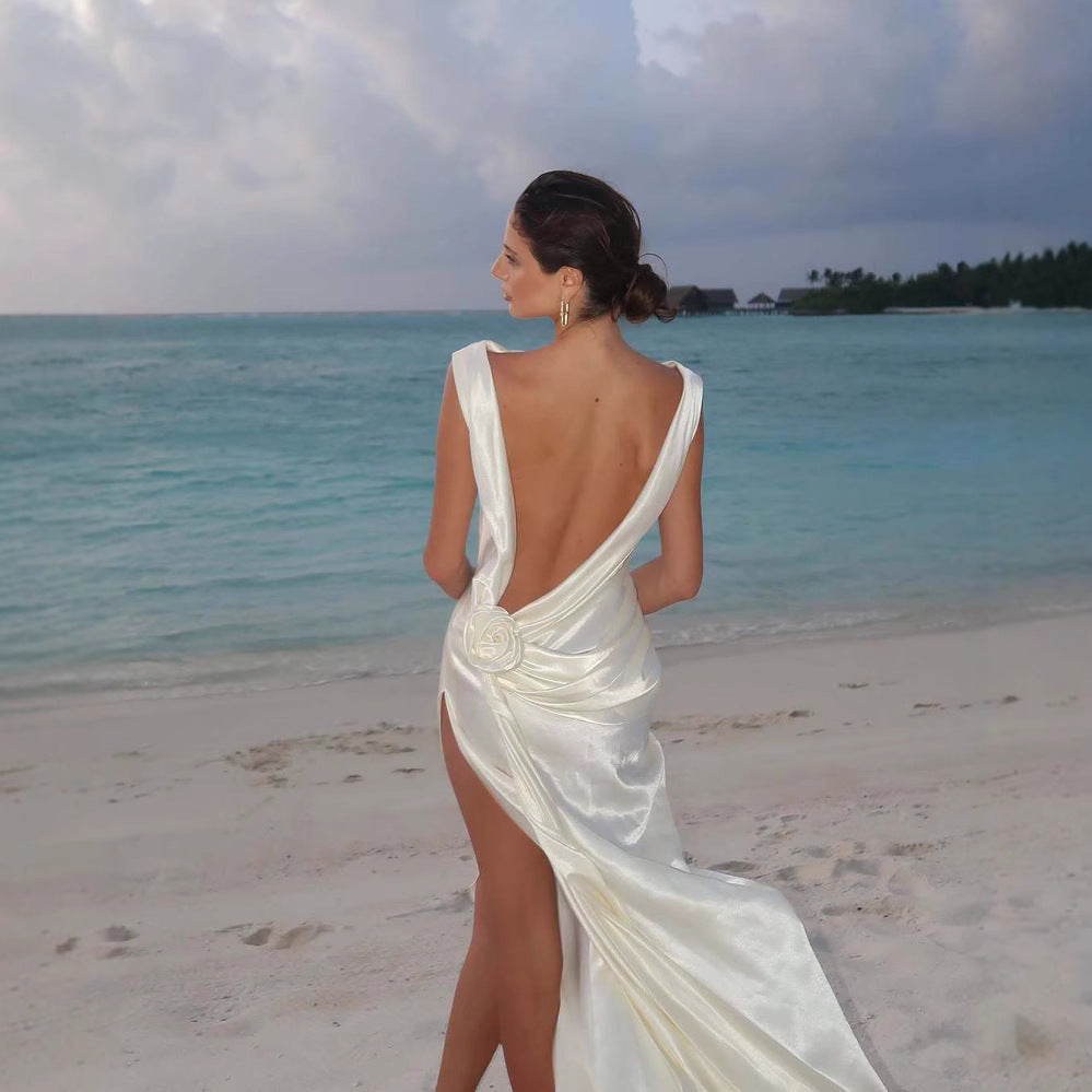 Chic & Sexy Draped Cowl Neck Sleeveless Party Dress (White/Champagne) High Quality Satin Dignified Flowers Dress Split Dress