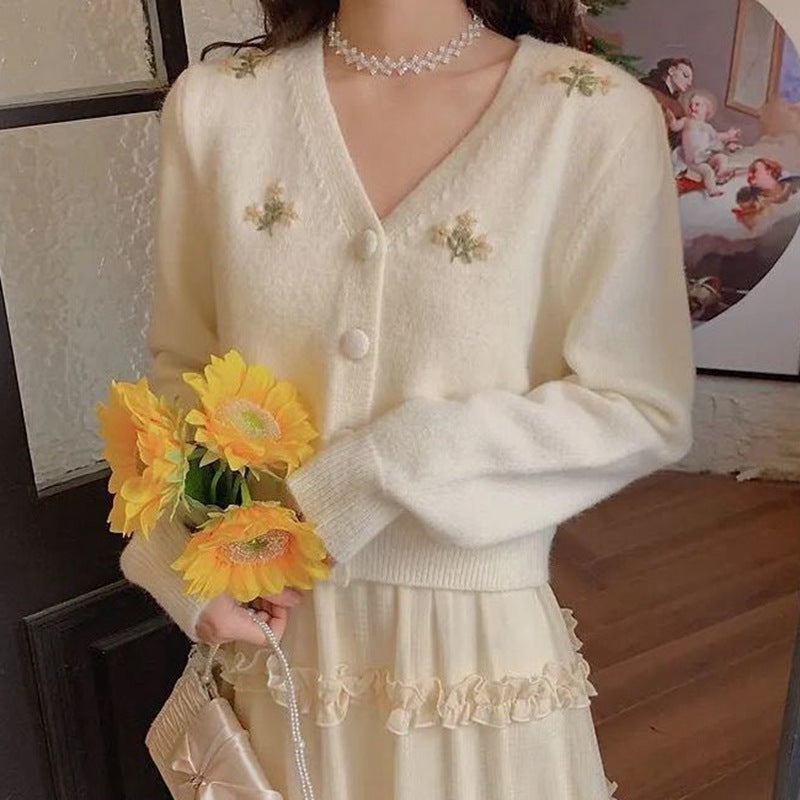 Korean Style Cropped Embroidered Knit Top - Casual & Elegant Long Sleeve Top Korean Short Thin Sweater Jacket