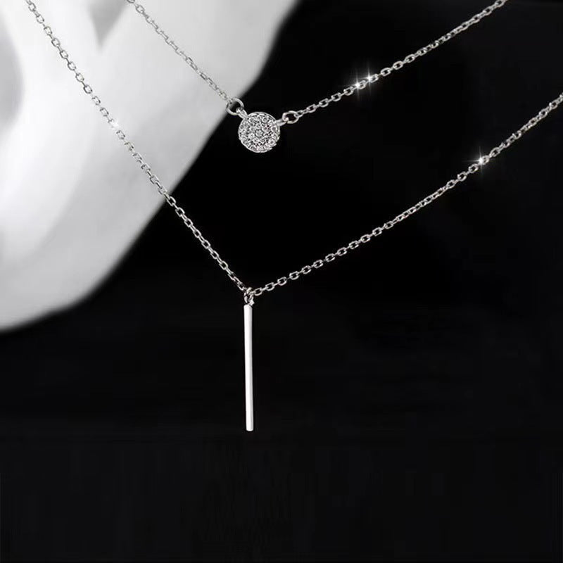 Multi-Layered Silver Tone Dainty Necklace with Bar & Round Pendants Silver Color Double Chain Long Stick Micro Pave Zircon Round Pendant Necklaces For Women Trendy Jewelry