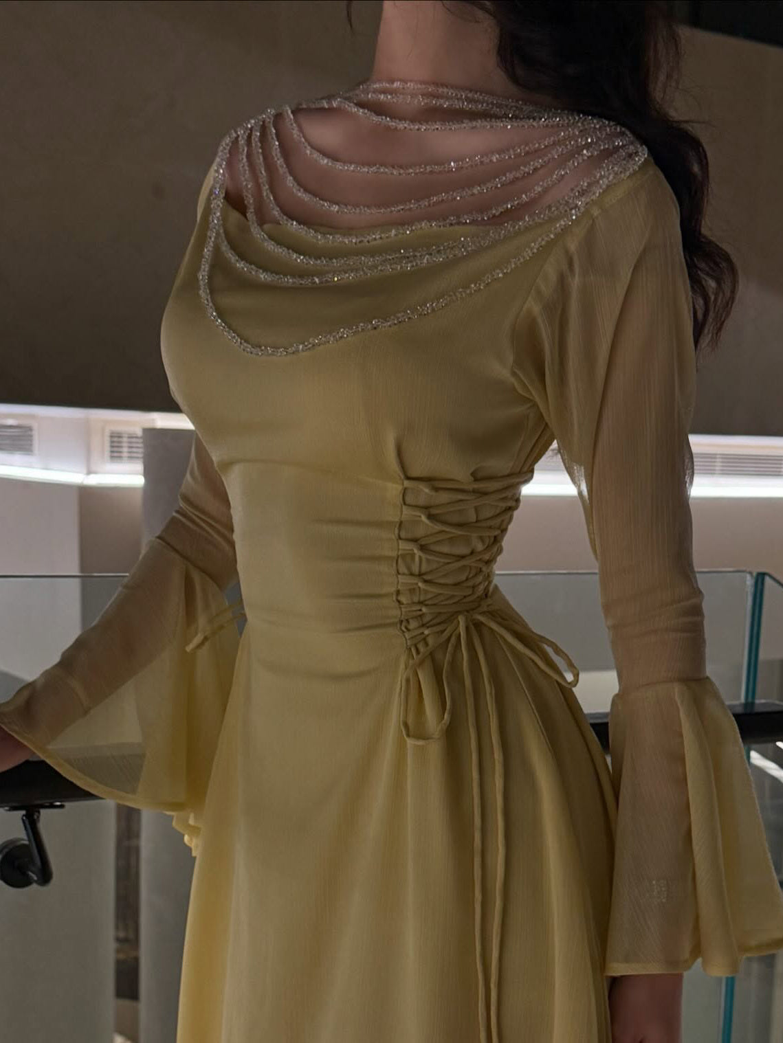 Elegant Yellow Pleated Belted Ruffled Sleeves Maxi Bodycon Dress