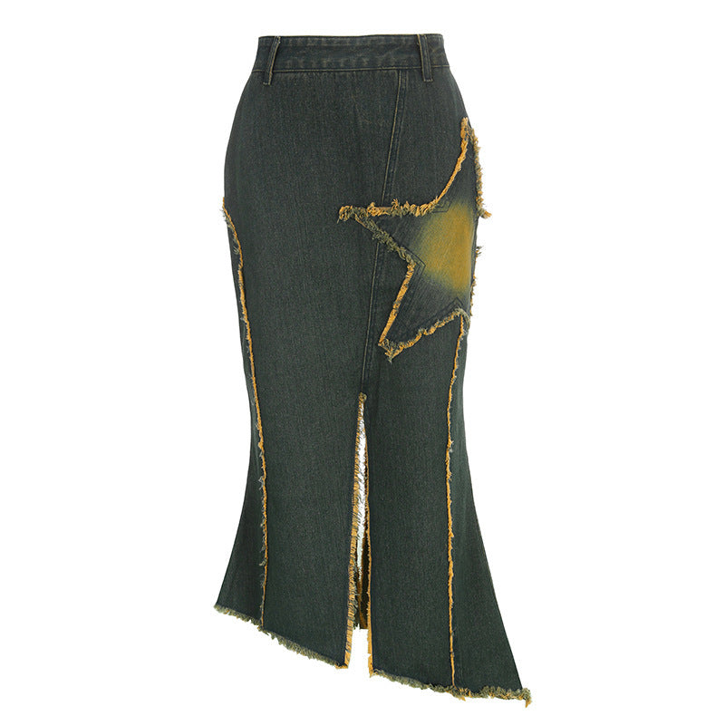 Five-pointed Star Retro Fishtail Denim Skirt For Women