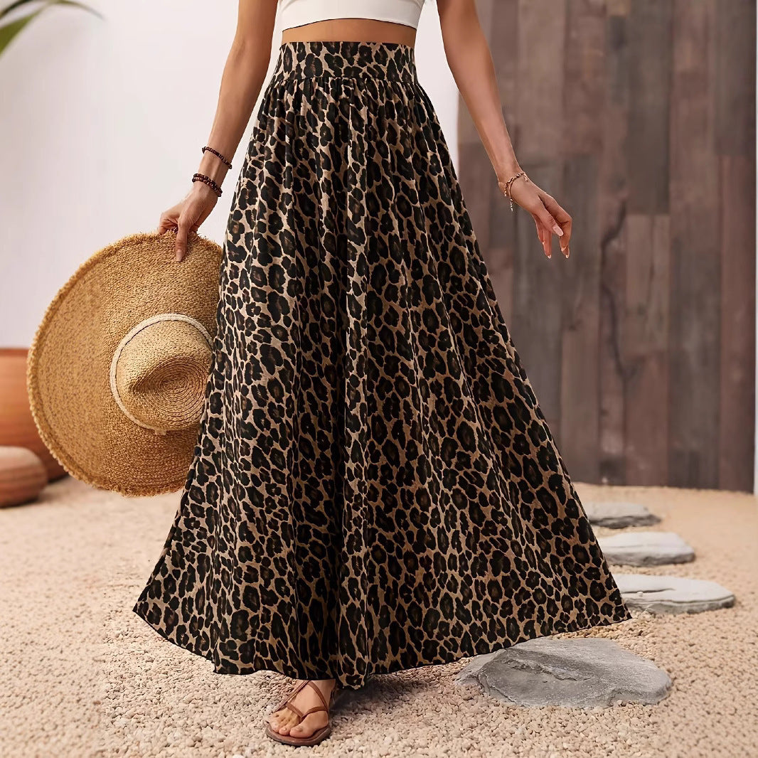 Bohemian Leopard Print High Waist Long Skirt High Waist Midi Skirt Fabric Leopard Print