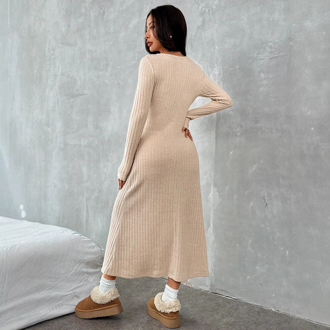 Slim V-neck Solid Color Sweater Bodycon Dress For Women's