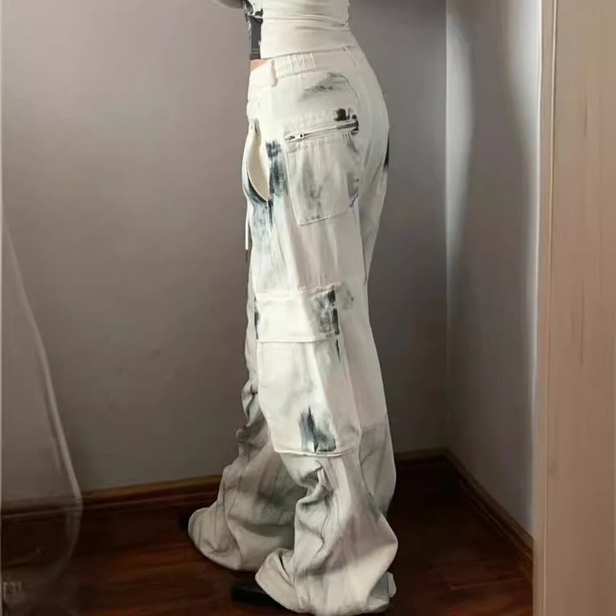 White Graffiti Distressed Cargo Jeans – Y2K Streetwear Wide-Leg Pants Plus Size Washed Brushed Multi-pocket Workwear Jeans For Women