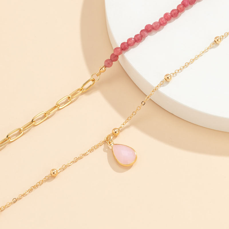 Pink Teardrop Layered Necklace – Delicate & Feminine Duo Chain Light Luxury Irregular Design Niche Stacking Collarbone Chain