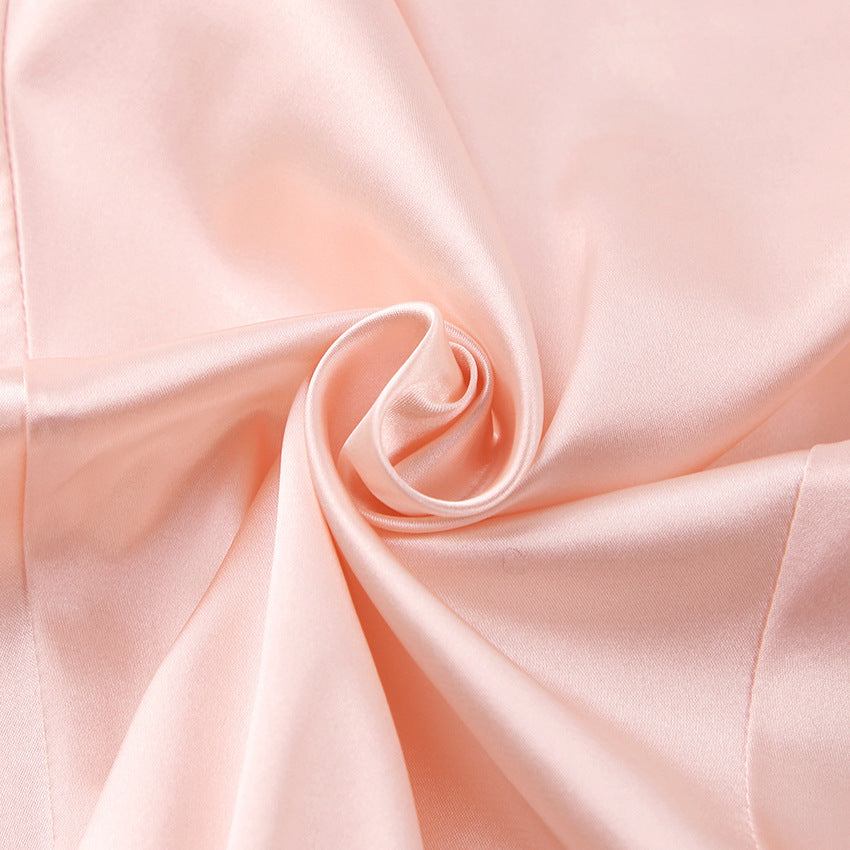 Elegant Pink Satin Mini Dress | V-Neck Puff Long Sleeve Satin Satin V-Neck Temperament Slim Dress