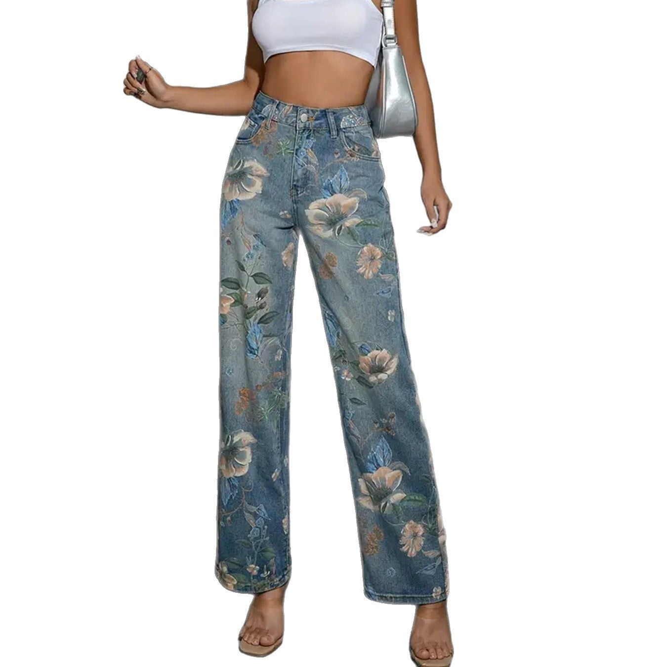 American Ladies Printed Pattern Casual Straight-leg Denim Trousers