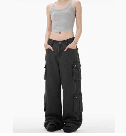 Streetwear Cargo Pants – Oversized Multi-Pocket Wide-Leg Trousers Retro Deconstruction Cargo Jeans Men And Women Loose Casual