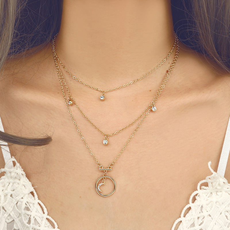 Multi-Layered Gold Chain Necklace with Moon & Crystal Charms Tocona Bohemian Antique Gold Circle Moon Rhinestone Pendant Chokers Necklaces Multi Layer Necklace Collar for Women Jewelry 3294