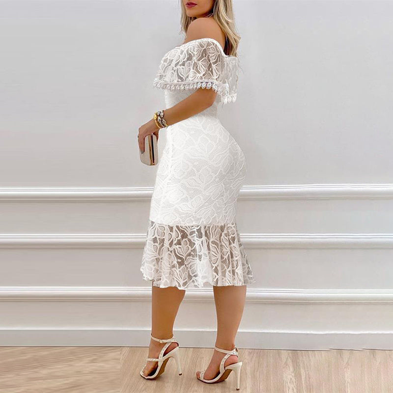 Elegant Off-Shoulder Lace Bodycon Dress With Lace Panels For Casual & Formal Occasions