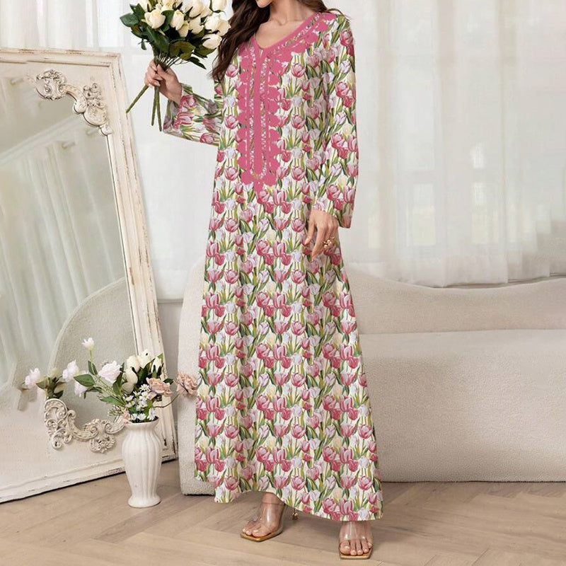Elegant Pink Floral Print Maxi Dress Vacation Style Long Sleeve A-line Flowy Dress