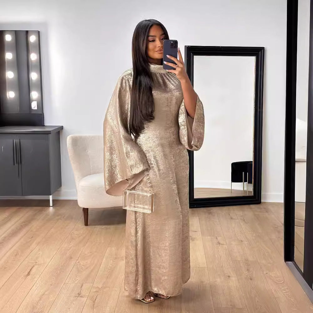 Elegant Metallic Shimmer Satin Maxi Dress Women's Fashion Stitching Dubai Turkey Elegant Dress