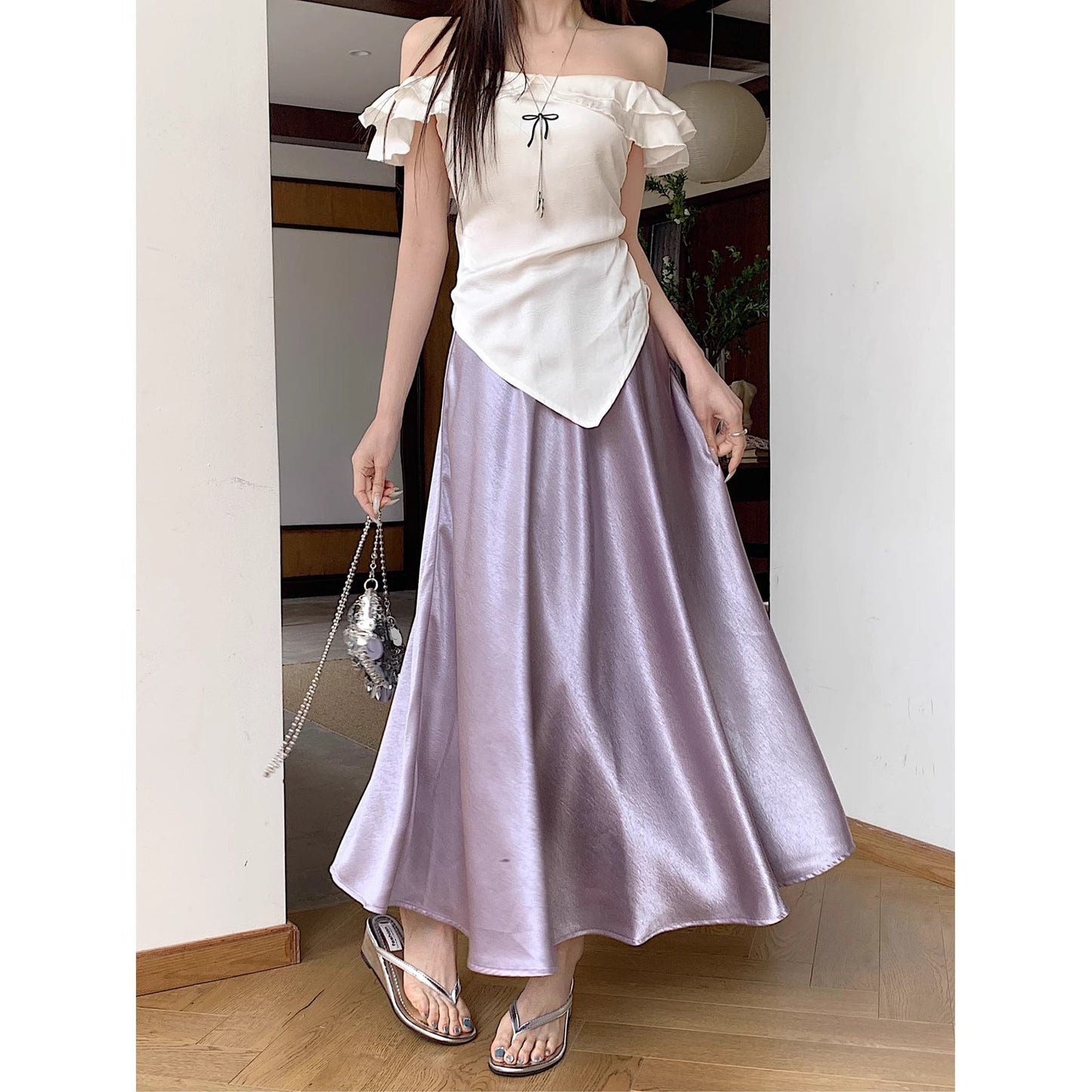 Casual All-match Acetate Satin Draped Solid Skirt