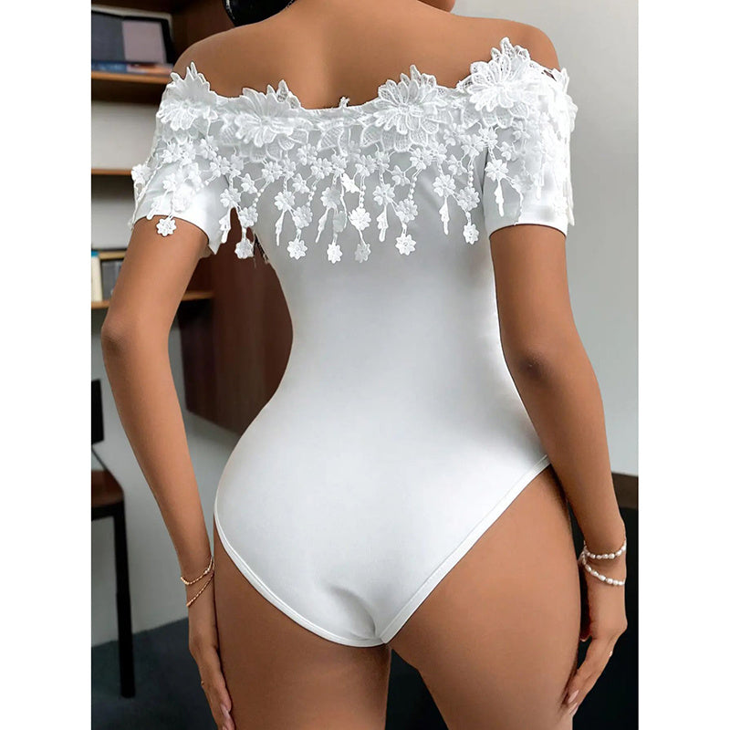 Sexy Ruffled Lace Detail Off-Shoulder One Piece Women's Off Shoulder Short Sleeve Bodysuit Sexy Lace Bodycon Top