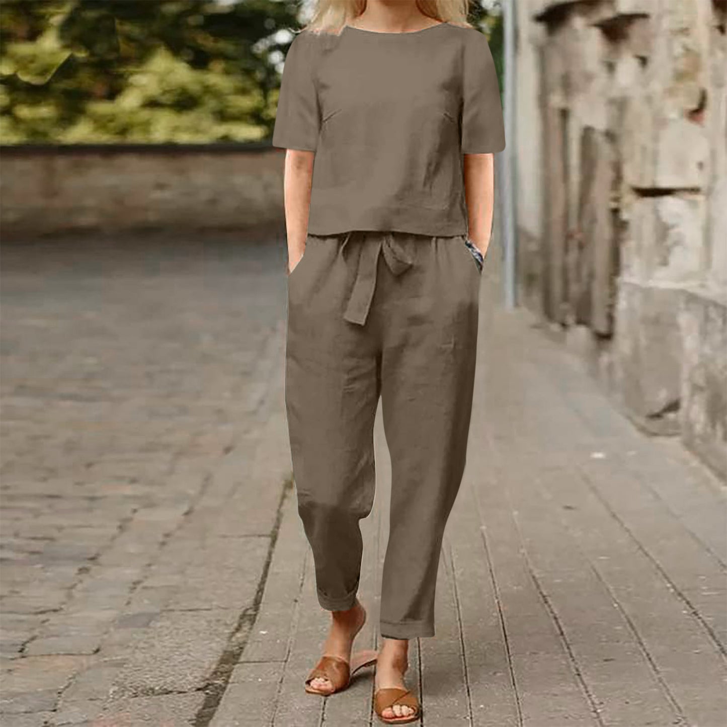 Cotton And Linen Wide-leg Pants Suit For Women's