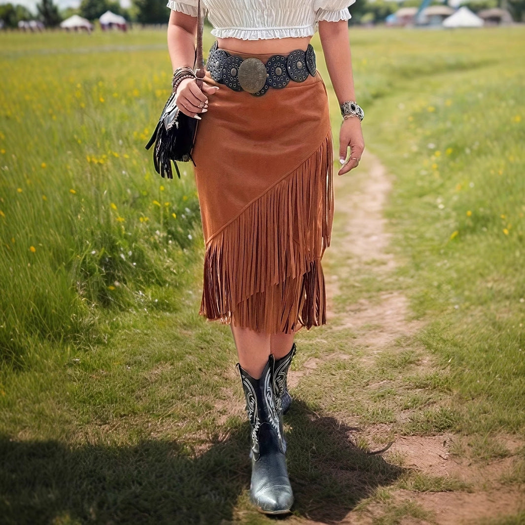 Fashionable Casual Solid Color Asymmetrical Tassel Hem A-line Skirt
