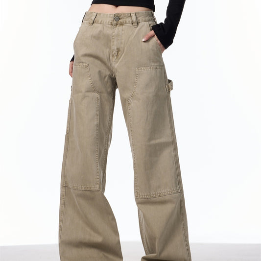Vintage Wide-Leg Cargo Jeans – Utility Streetwear Style Loose Straight Retro High Street Pocket Design Jeans For Women