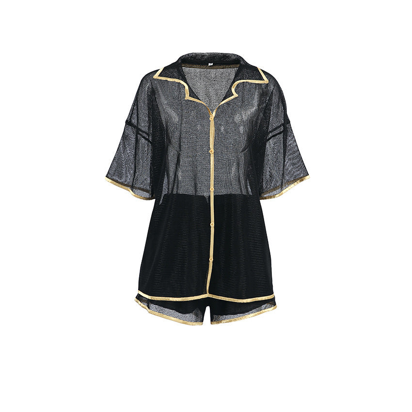 Chic Sheer Oversized Lounge Set - Shirt & Shorts See-through Cardigan Pajamas Two-piece Set For Women