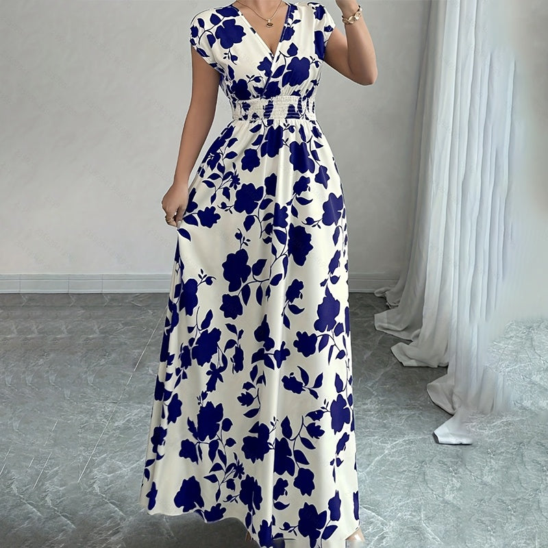 Wrap V Neck Short Sleeve Empire Elastic Waist Summer Casual Elegant Maxi Long Dresses