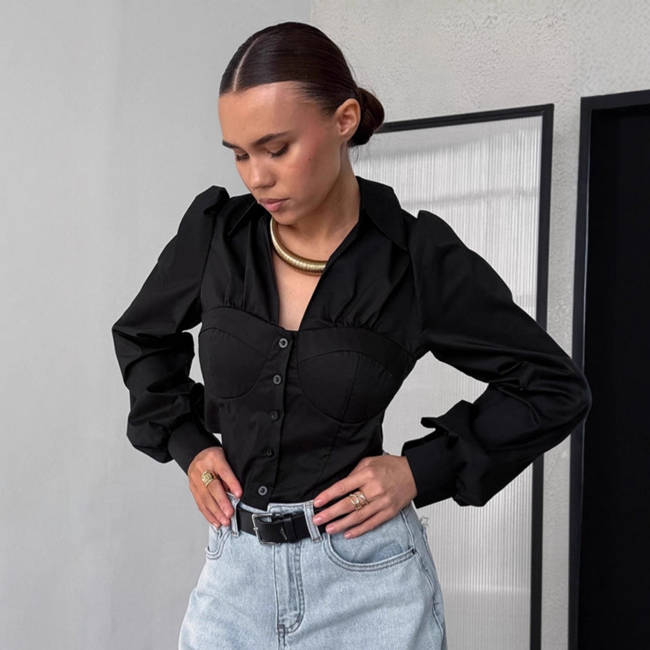 Elegant Lapel Puff Sleeve Shirt Short Top For Women's