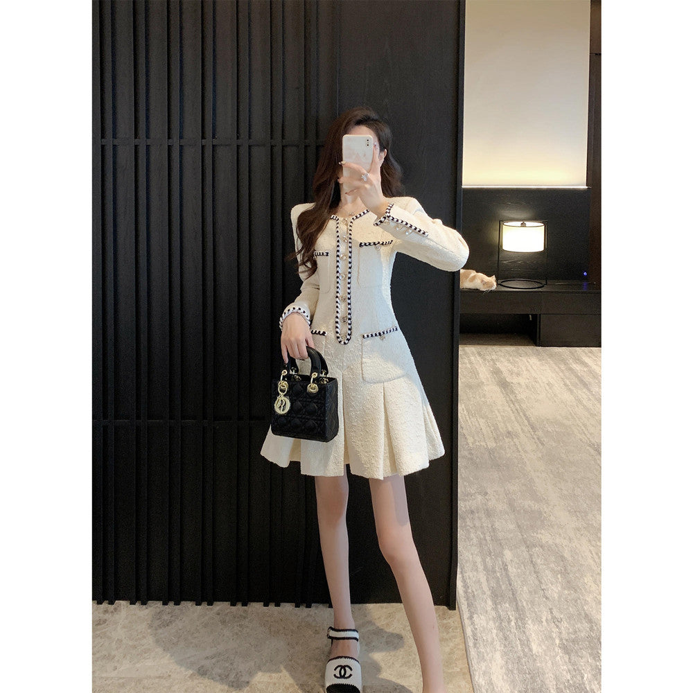 Chic Pleated Skirt Detail Long Sleeve Dress Women's French-style Tweed Dress