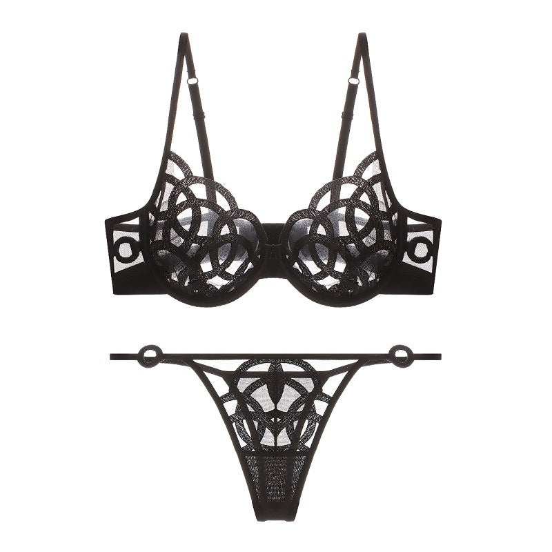 Abstract Embroidery Lingerie Set - Sheer Mesh Underwire Bra & Panty Women's Push Up Bra Ultra-thin Breathable Mesh Embroidery Bra Set