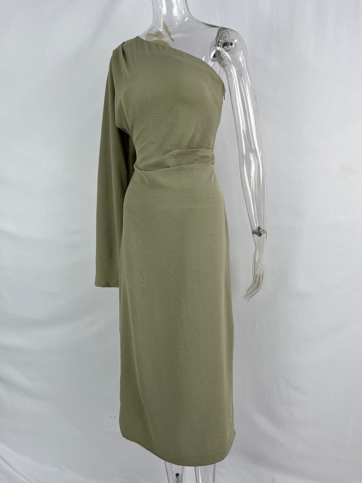 Oblique One-shoulder Silk Twill Texture Slim Dress For Women's