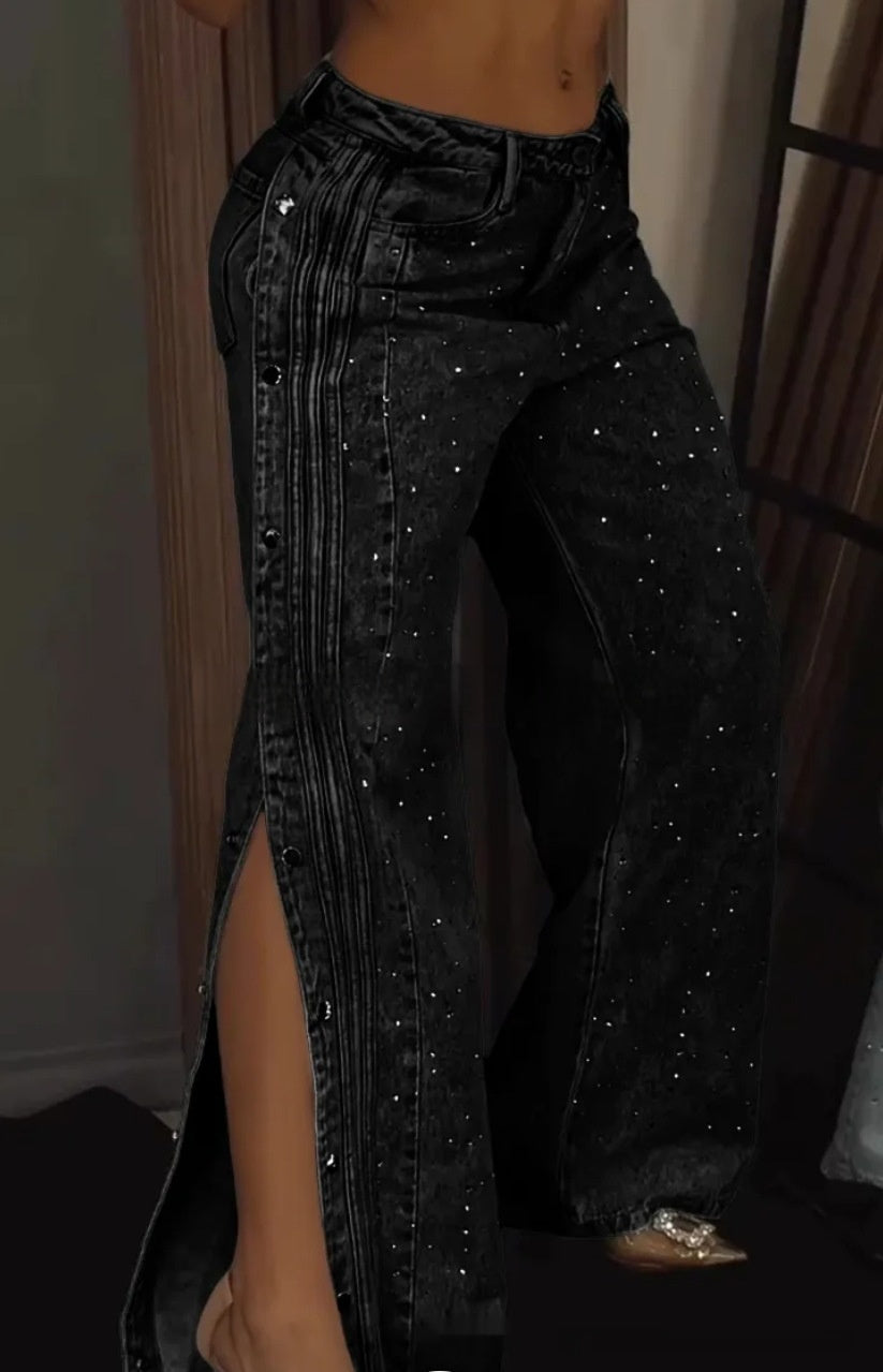 Sparkling Side Snap Jeans | Rhinestone Embellished Slit Hem Denim Button Polyester Rhinestone Fashion Jeans