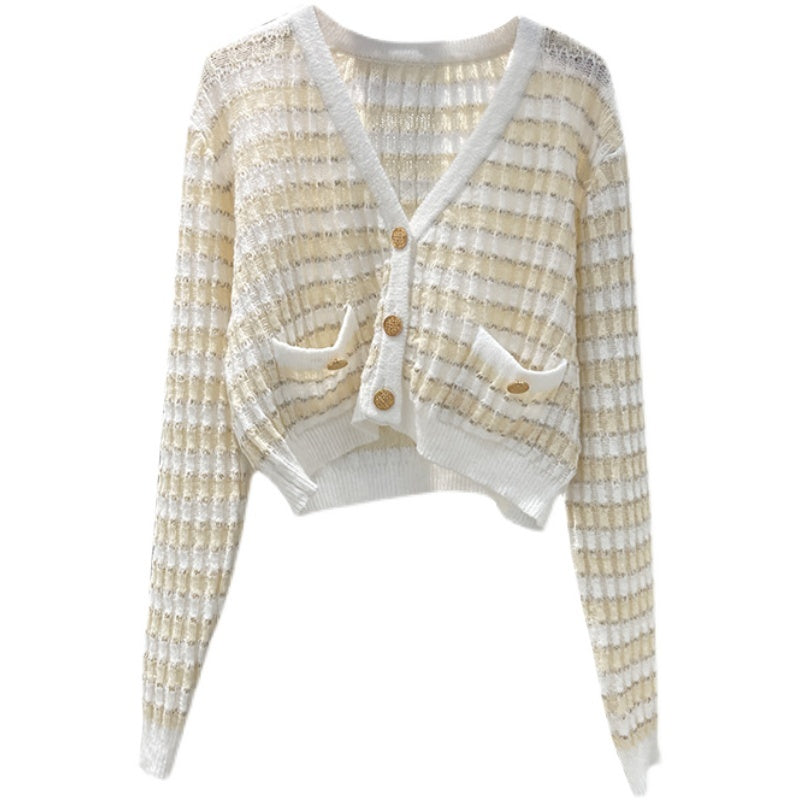 Korean Style V Neck Striped Knit Lazy Style Loose Crop Top