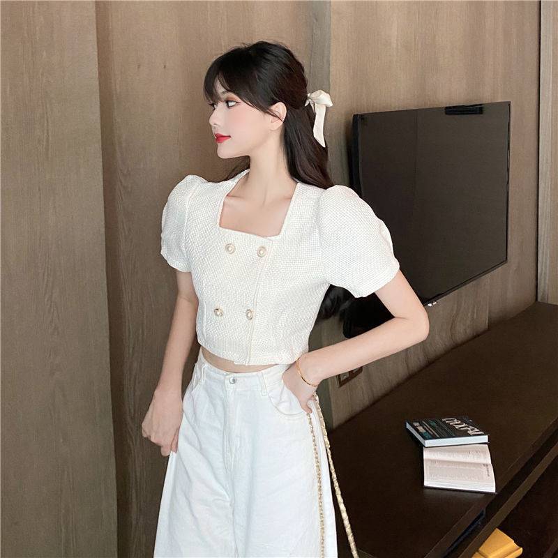 Sweet & Stylish Puff Sleeve Button Detail Top Women's French Temperament Thin Short Top