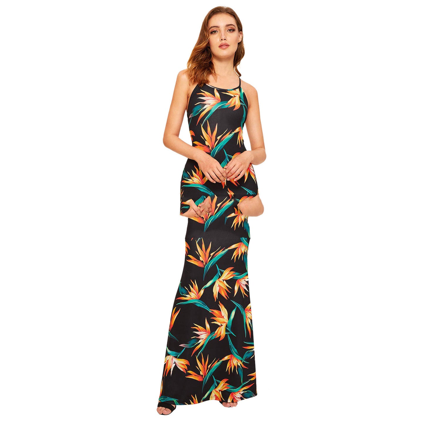 Corset Milk Silk Maxi Suspender Print Bodycon Dress For Women's