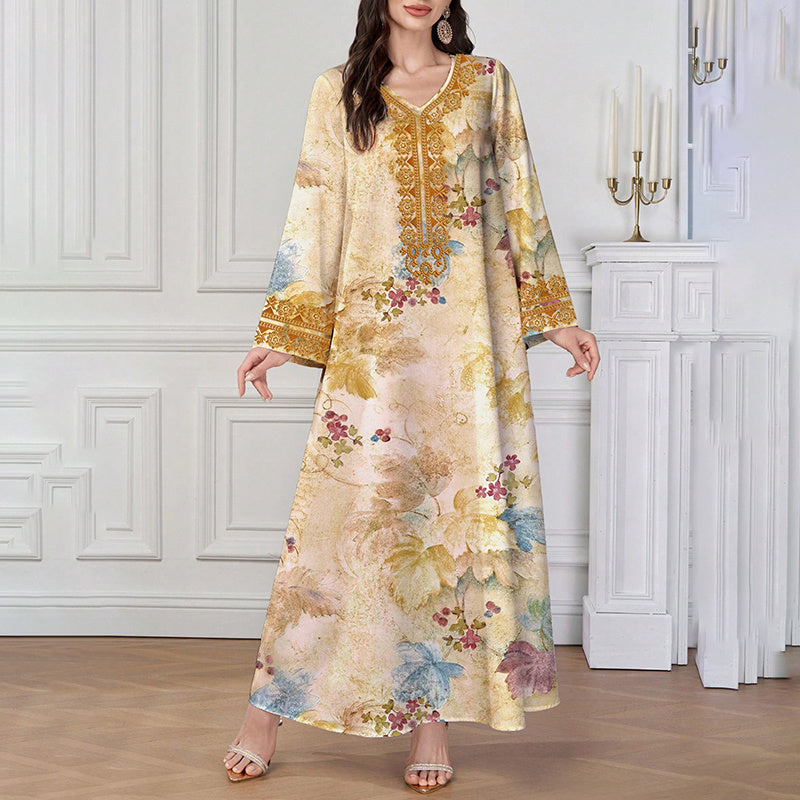 Chic Bohemian Floral V-Neck Maxi Dress, Elegant Golden Long Sleeve Loose Fit Casual Dress